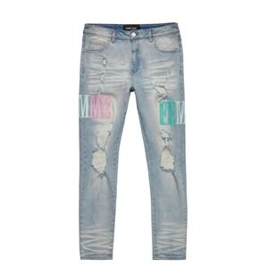 Homme Femme Distressed Denim Jeans‎ Light Wash Ripped Patches Mens